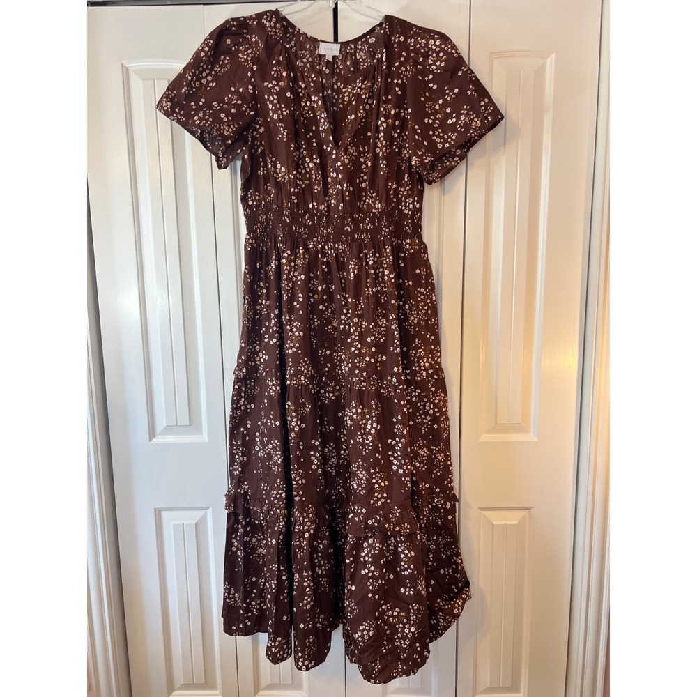 Sugarlips Brown Floral Smocked Waist Tiered Maxi Dress 2X Short Sleeve V-Neck